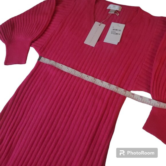 Rachel Parcell Pink Rouge ribbed knit sweater dress sz XS Vneck bubble sleeve - Picture 5 of 13